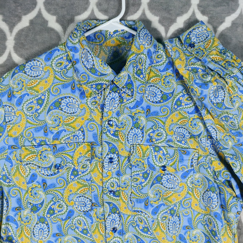Paisley Western Shirt Mens Medium Blue Yellow Pearl Snap Long Sleeve